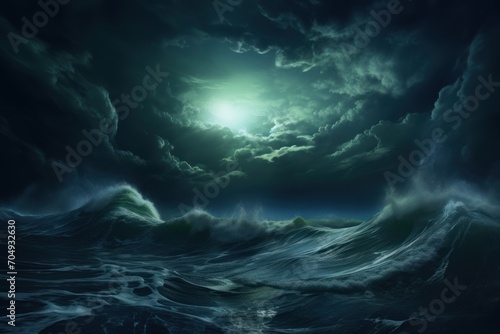  a painting of a large body of water with a full moon in the middle of the sky above the waves.