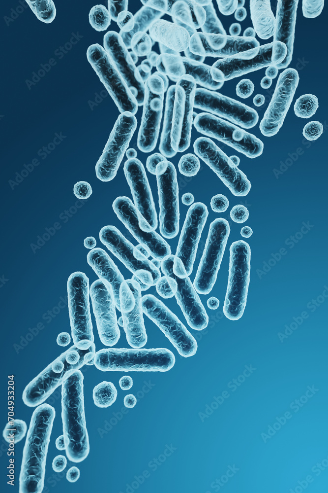 Naklejka premium Enterobacteriaceae, gram-negative rod-shaped bacteria, part of intestinal microbiome and causative agents of different infections, 3D rendering. Escherichia coli, Klebsiella, Enterobacter and other