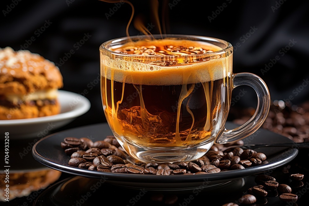 a cup of coffee sitting on top of a plate next to a plate with a sandwich and coffee beans on it. a cup of coffee sitting on top of a plate next to a plate with a sandwich and coffee beans on it.