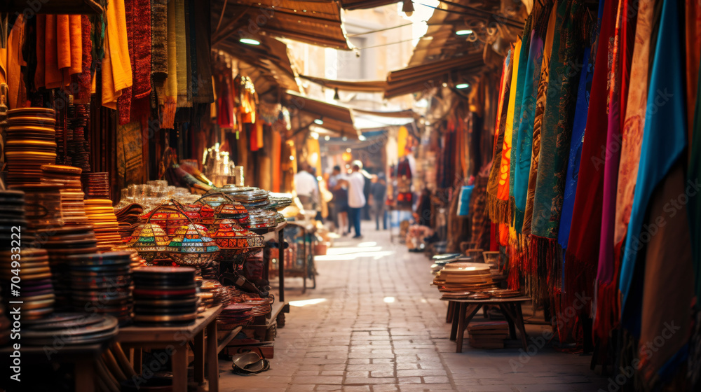 A colorful bazaar in the Middle East brimming with spices and textiles.