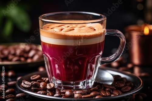  a close up of a cup of coffee on a plate with coffee beans and a lit candle in the background.