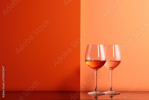 a couple of wine glasses sitting on top of a table next to each other on top of a wooden table.