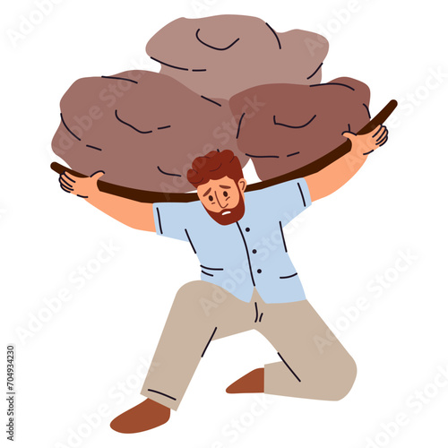 Work stress.Workload businessman. Bureaucracy overworking.Busy workload deadline.Tired businessman carrying heavy.Work responsibility.Debt burden.Bearing debt.Man carrying heavy stone.mortgage debt.