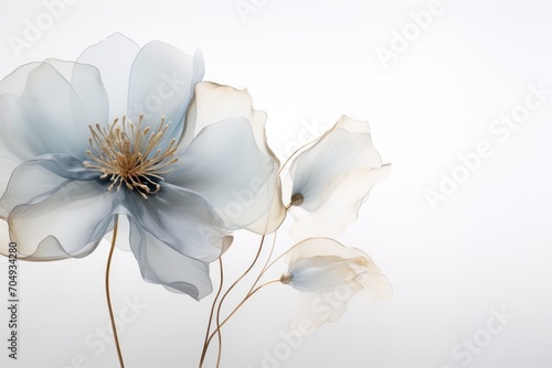  a close up of a blue and white flower on a white background with a gold center piece in the center of the flower.