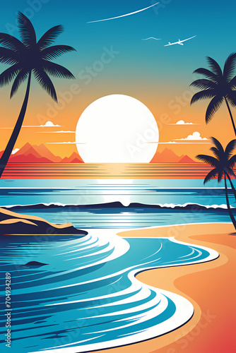 Sunset on a tropical island, cartoon retro 80s illustration for tourism ad