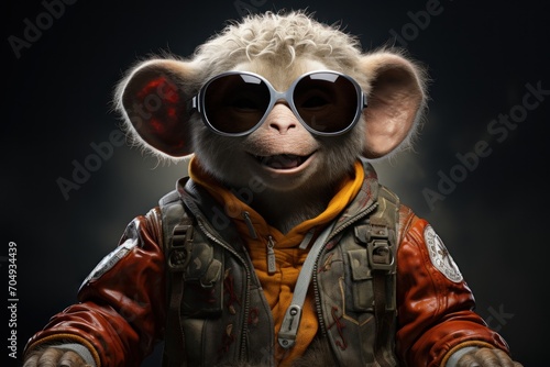  a monkey wearing sunglasses and a leather jacket with a yellow scarf around his neck and a yellow scarf around his neck. © Shanti