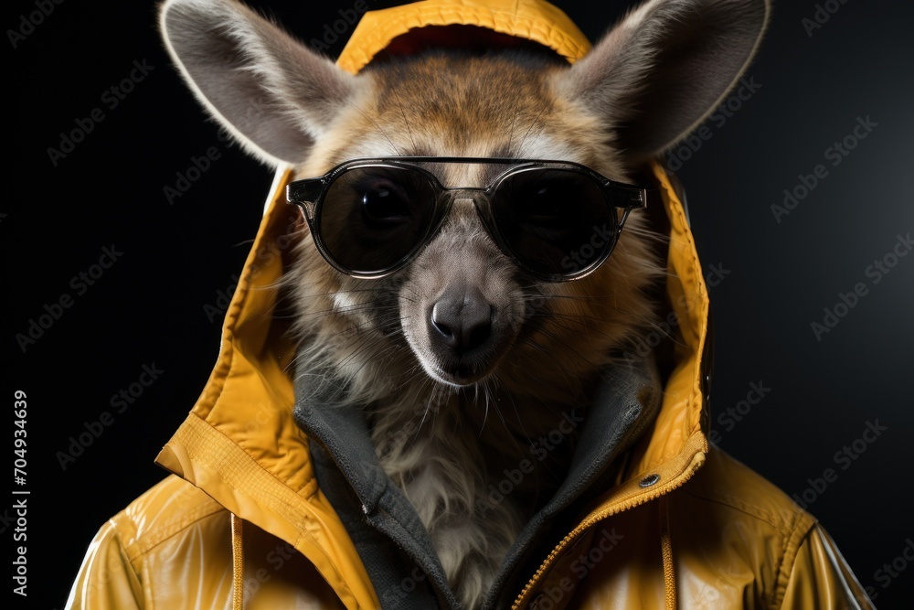 a close up of a dog wearing sunglasses and a yellow jacket with a hoodie over it's face. a close up of a dog wearing sunglasses and a yellow jacket with a hoodie over it's face.