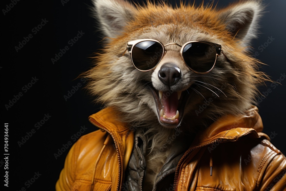  a raccoon wearing a leather jacket and sunglasses with its mouth open and tongue out, with it's mouth wide open.