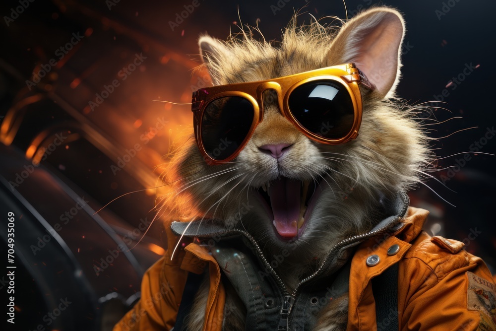  a cat wearing goggles and a jacket with its mouth open and it's tongue out and it's mouth wide open.
