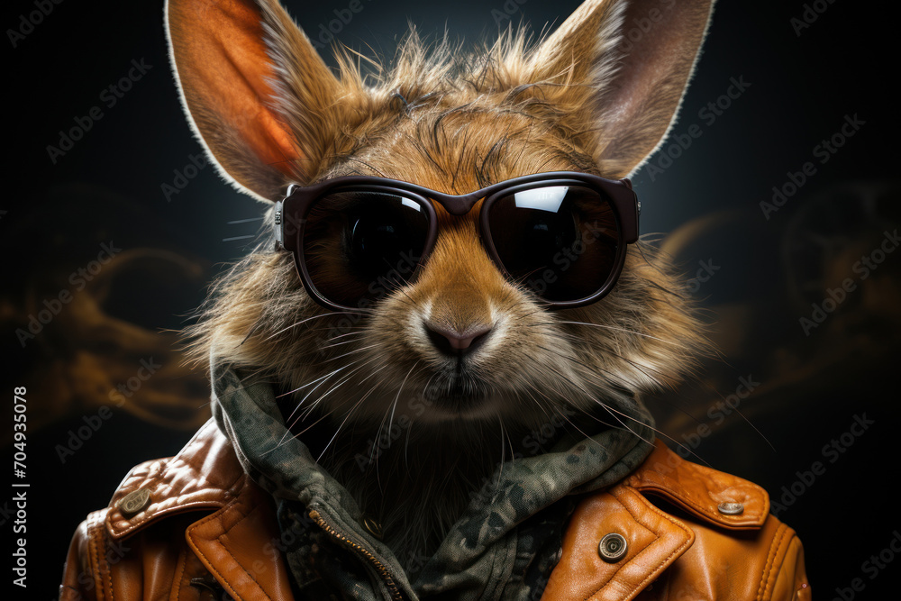  a close up of a person wearing a leather jacket and sunglasses with a rabbit wearing a leather jacket and sunglasses.