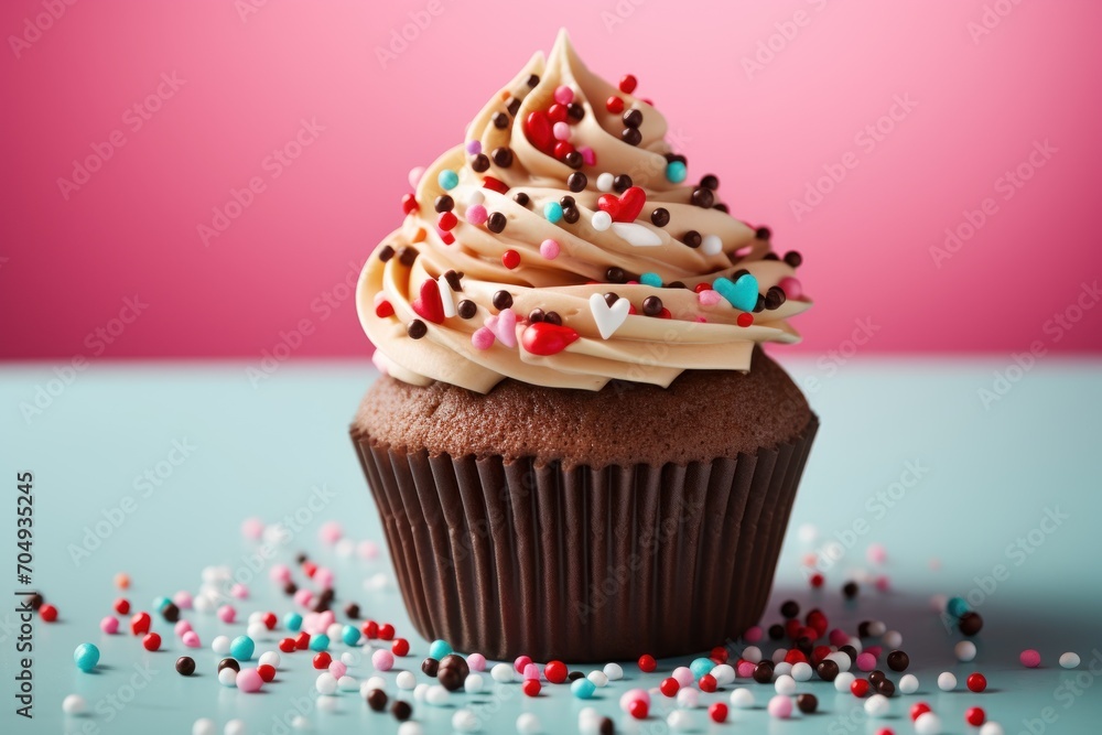  a chocolate cupcake with white frosting and sprinkles on a blue surface with a pink background.