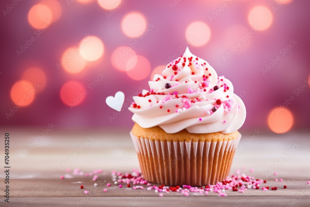 a cupcake with white frosting and sprinkles on a wooden table with a blurry background. a cupcake with white frosting and sprinkles on a wooden table with a blurry background.