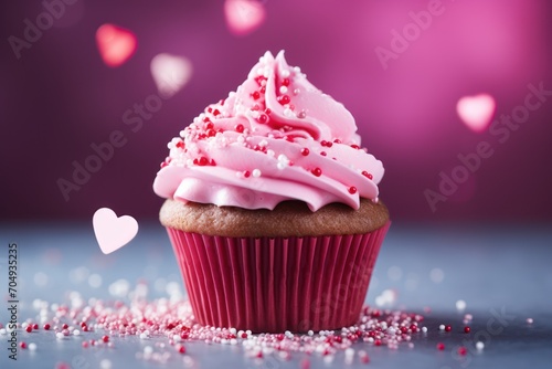  a close up of a cupcake with pink frosting and sprinkles on a table with hearts.