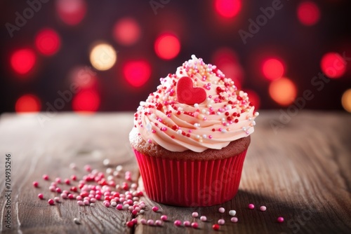  a cupcake with white frosting and pink sprinkles on a wooden table with a blurry background.