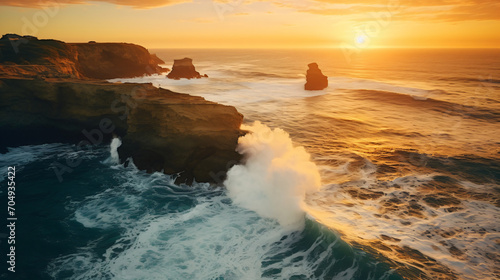 Aerial photography of a coastal cliff line with crashing waves and a dramatic sunset.