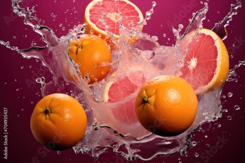  grapefruit  oranges  and grapefruits are splashing into a glass of water on a purple background.