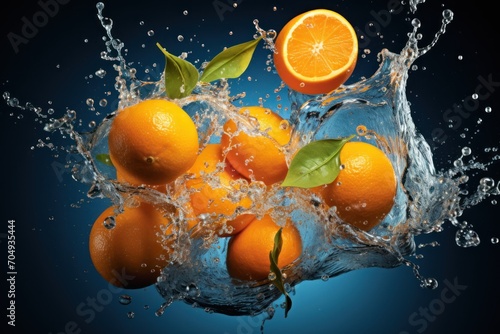  a group of oranges floating in water with leaves and leaves on top of the oranges in the water.
