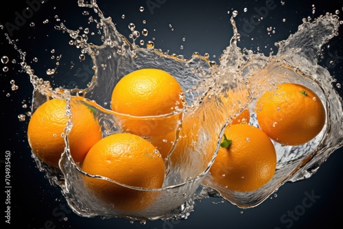  a group of oranges in a glass bowl with water splashing on the bottom of the bowl and on the bottom of the glass.