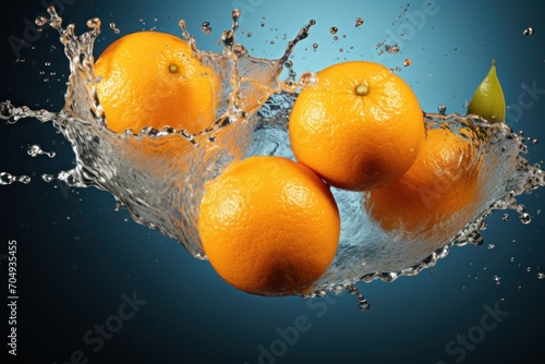 a group of oranges floating in water with a splash of water on the top of the picture and a green leaf on the bottom of the picture.