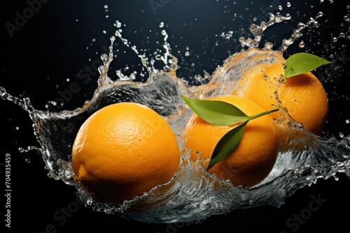  three oranges splashing into the water with a green leaf on the top of one of the oranges.
