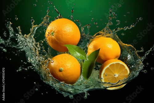 a group of oranges with leaves and water splashing around them on a black background with a green background.