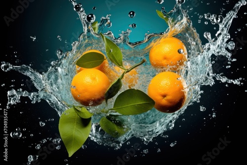  a group of oranges floating in water with leaves on the top of the oranges and leaves on the bottom of the water.