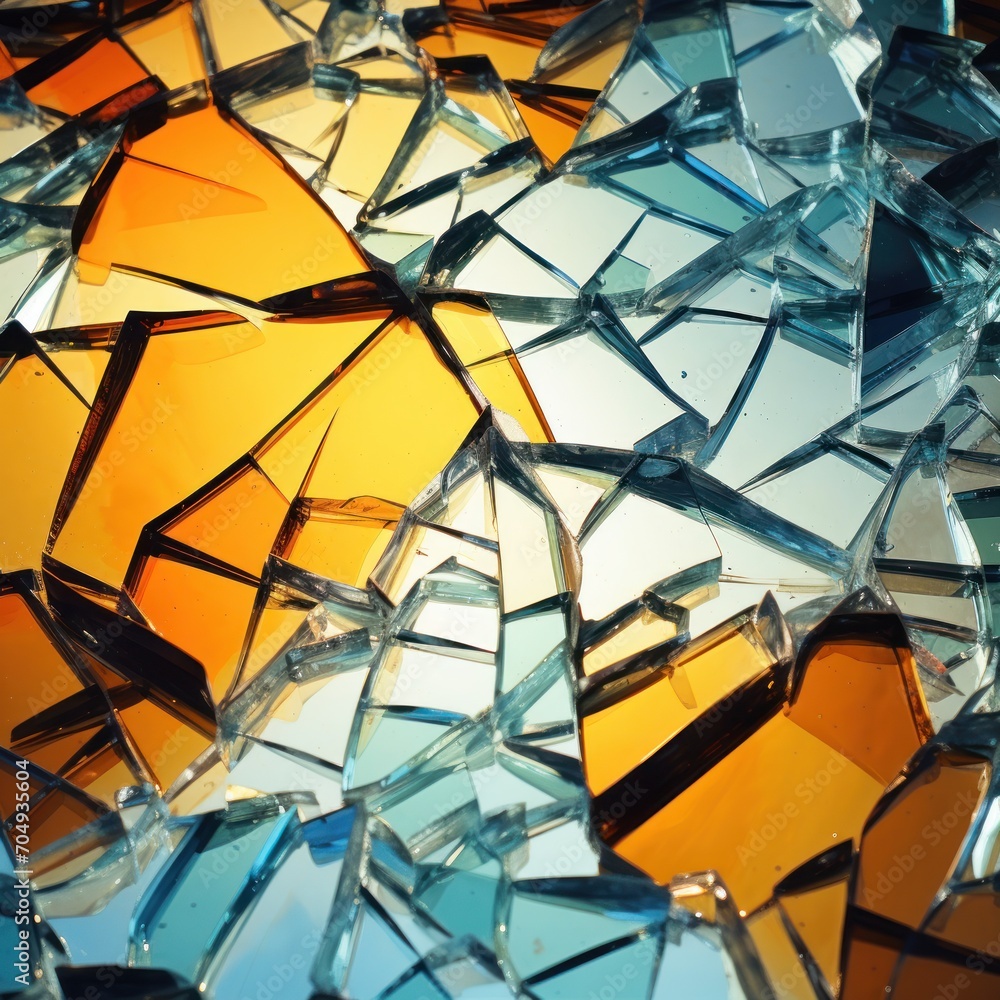 a bunch of broken glass pieces sitting on top of a blue and yellow table top next to a yellow wall. a bunch of broken glass pieces sitting on top of a blue and yellow table top next to a yellow wall.