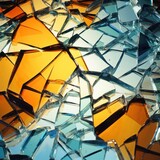  a bunch of broken glass pieces sitting on top of a blue and yellow table top next to a yellow wall.