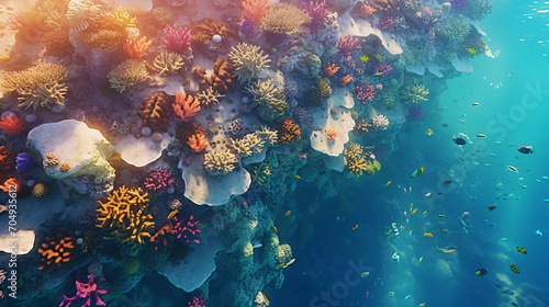 Aerial shot of a colorful coral reef in a tropical ocean teeming with marine life.