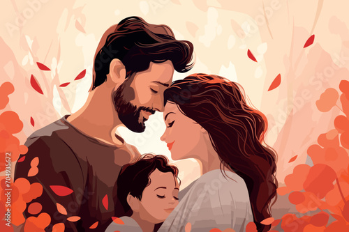 happy little family mother father and child hug each other vector illustration