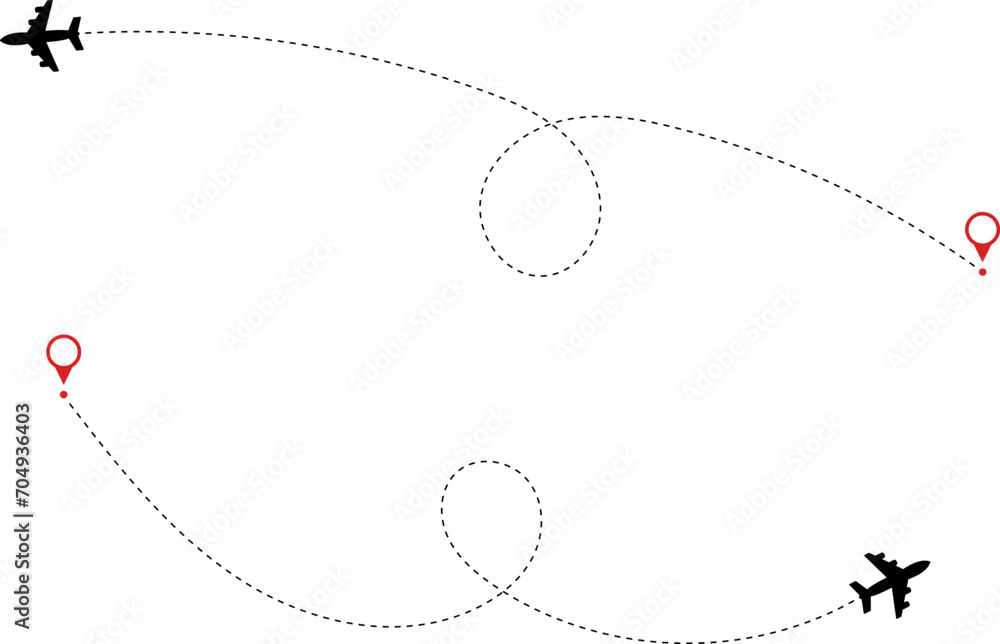 Airplane route. Route icon - two points with dotted path and location pin. Route location icon two pin sign and dotted line. Travel vector icon. Airplane route. Route icon - two points with dotted path and location pin. Route location icon two pin sign and dotted line. Travel vector icon.