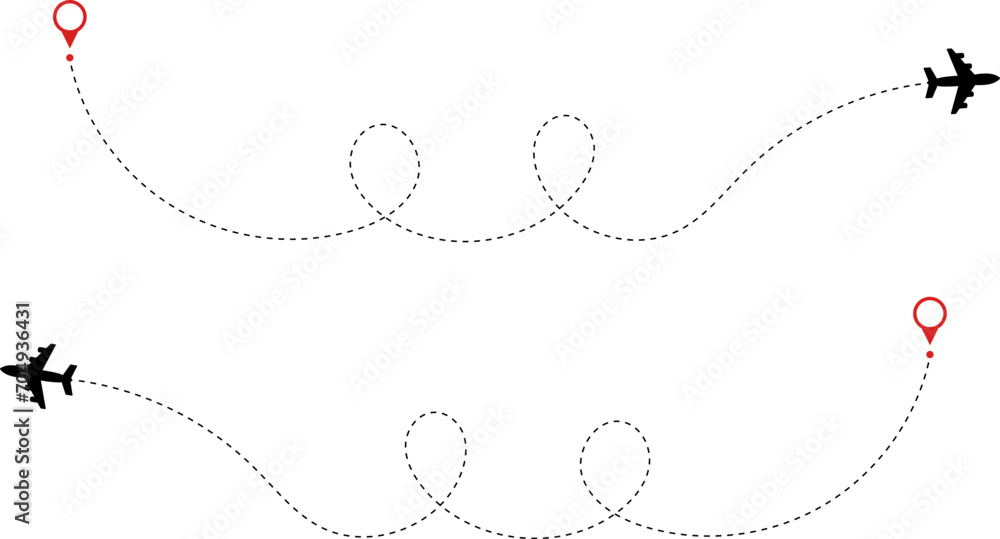 Airplane route. Route icon - two points with dotted path and location pin. Route location icon two pin sign and dotted line. Travel vector icon. Airplane route. Route icon - two points with dotted path and location pin. Route location icon two pin sign and dotted line. Travel vector icon.