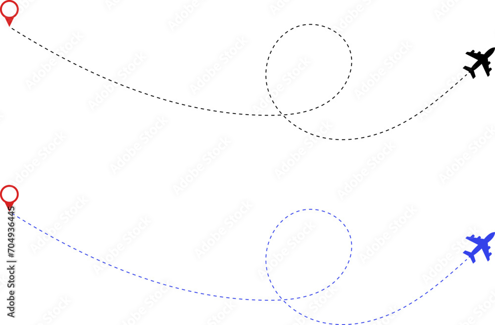 Airplane route. Route icon - two points with dotted path and location pin. Route location icon two pin sign and dotted line. Travel vector icon. Airplane route. Route icon - two points with dotted path and location pin. Route location icon two pin sign and dotted line. Travel vector icon.