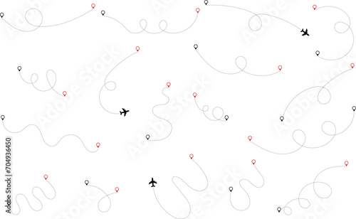 Airplane route. Route icon - two points with dotted path and location pin. Route location icon two pin sign and dotted line. Travel vector icon.