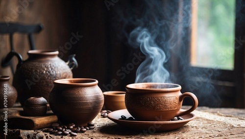 a large clay cup of coffee on a wooden table, cozy atmosphere