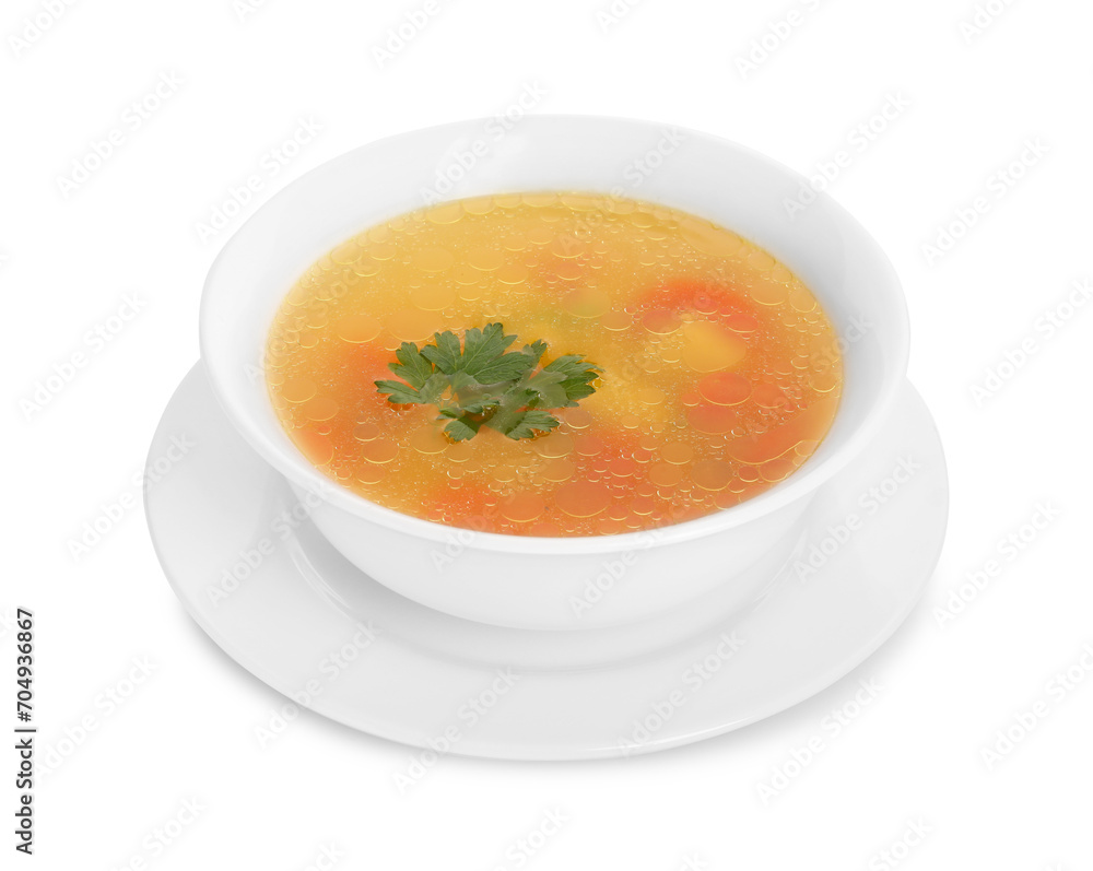 Delicious soup with parsley isolated on white Delicious soup with parsley isolated on white