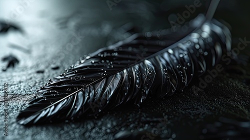 Black Feather with Water Droplets in Macro Detail