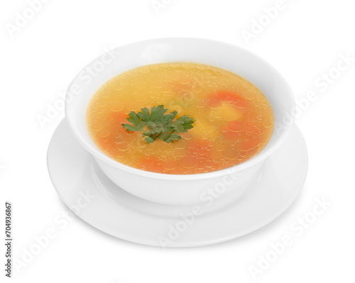 Delicious soup with parsley isolated on white