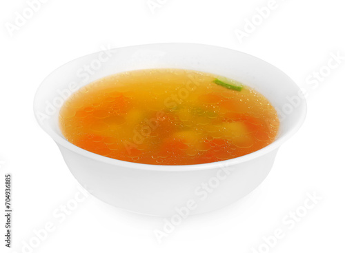 Delicious vegetable soup in bowl isolated on white