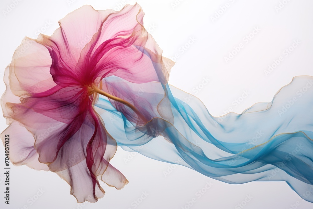  a flower that is in the air with a blue and pink flower in the middle of it's petals.