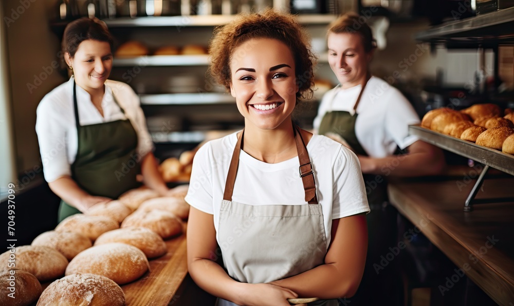 Woman Enjoying Delicious Doughnuts at a Counter Overflowing with Tempting Treats