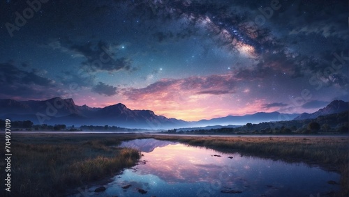 night landscape with starry sky, sunset, river and stars