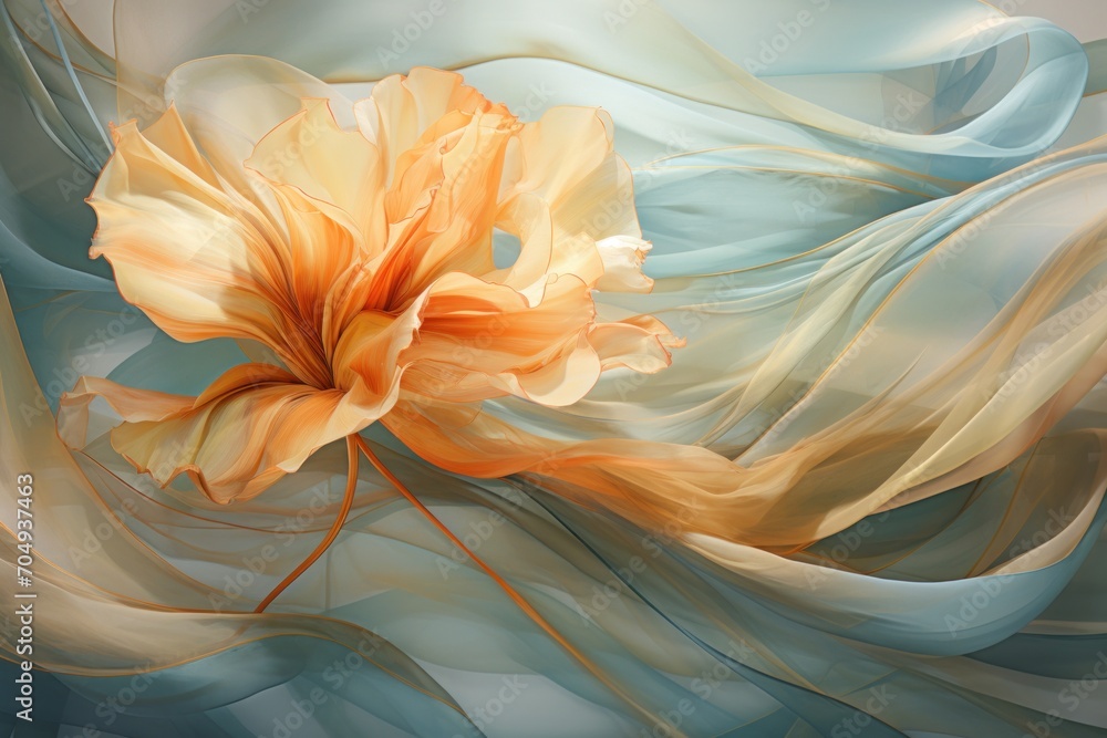  a digital painting of a yellow flower on a blue and white background with wavy, flowing, flowing, flowing fabric.