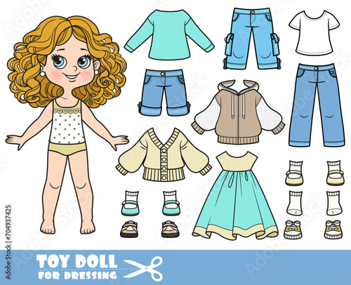 Cartoon girl with curle haired and clothes separately - cardigan, dress, shorts, shirt, jeans and sandals doll for dressing