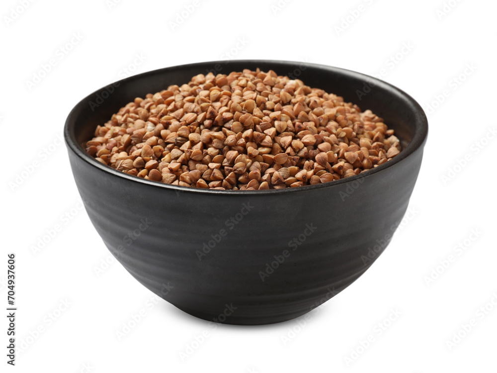 Bowl with dry buckwheat isolated on white Bowl with dry buckwheat isolated on white