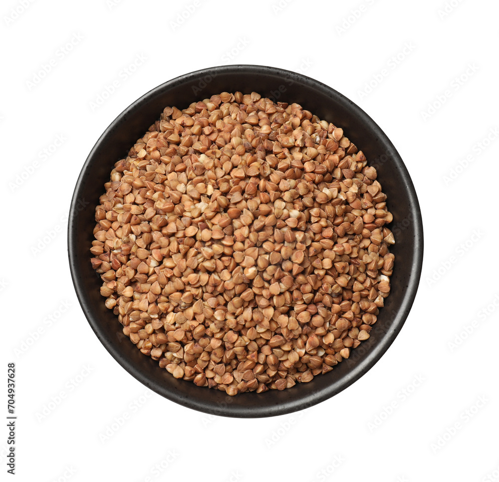 Bowl with dry buckwheat isolated on white, top view Bowl with dry buckwheat isolated on white, top view