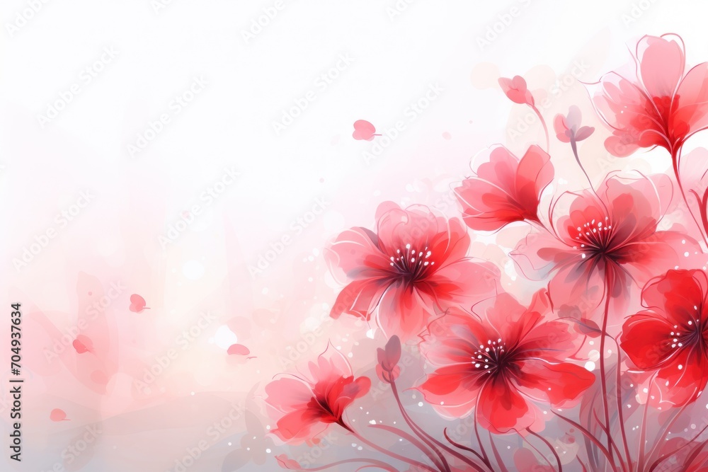 a close up of a bunch of red flowers on a white and pink background with a butterfly flying over it. a close up of a bunch of red flowers on a white and pink background with a butterfly flying over it.