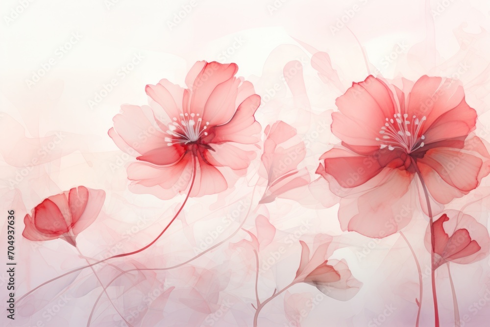  a group of red flowers sitting on top of a lush green grass covered field next to a light pink wall.