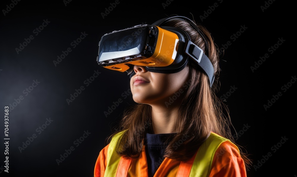 Virtual Reality Experience: A Woman in Safety Vest Immersed in Digital World Virtual Reality Experience: A Woman in Safety Vest Immersed in Digital World
