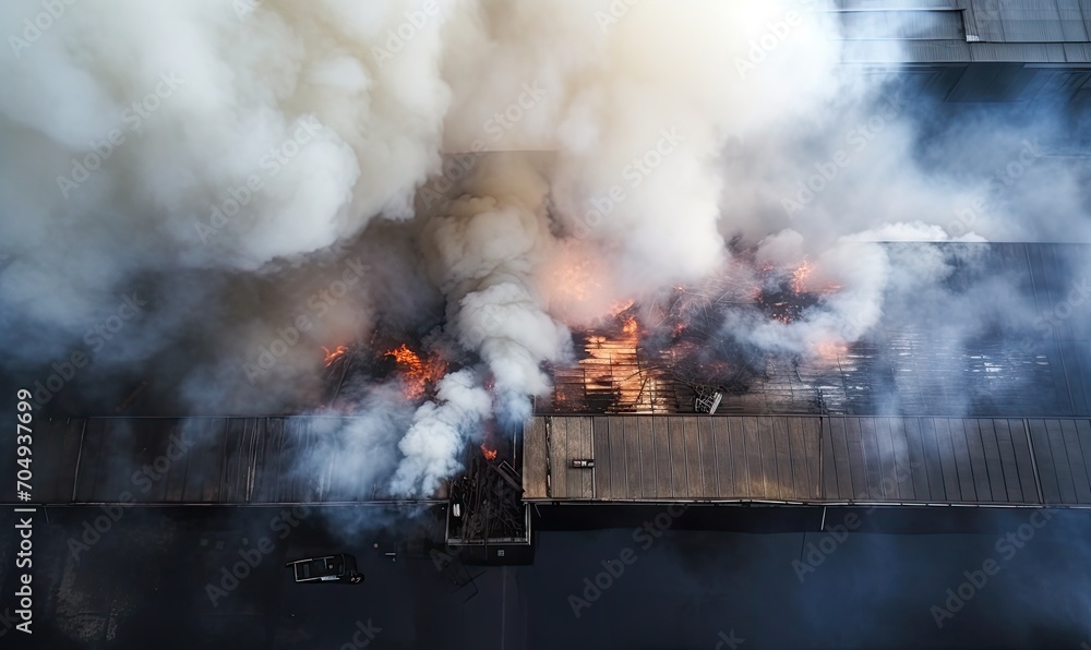 Billowing Smoke Engulfing Industrial Factory Building